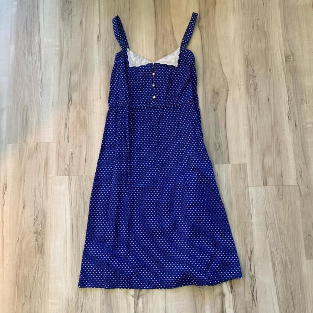 Vintage 1960/70s blue polka dot midi dress with white trim and button up front